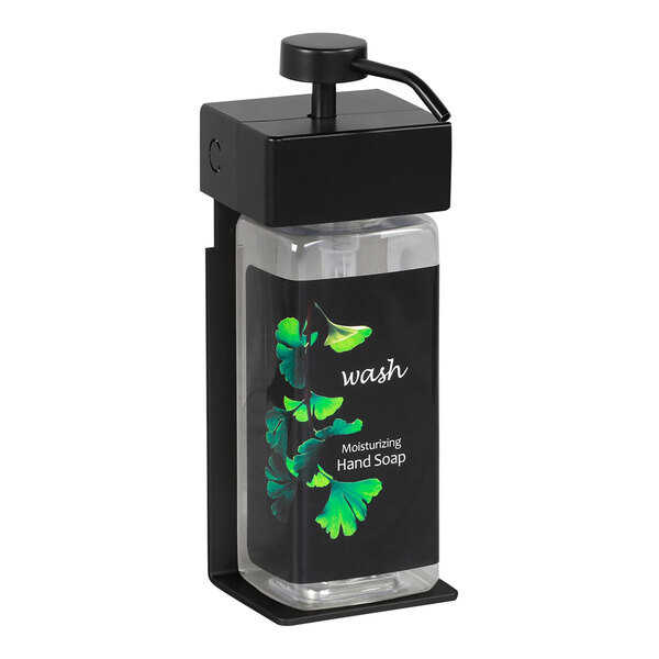 A black Dispenser Amenities soap dispenser with a rectangular bottle and a green Ginkgo leaf label.