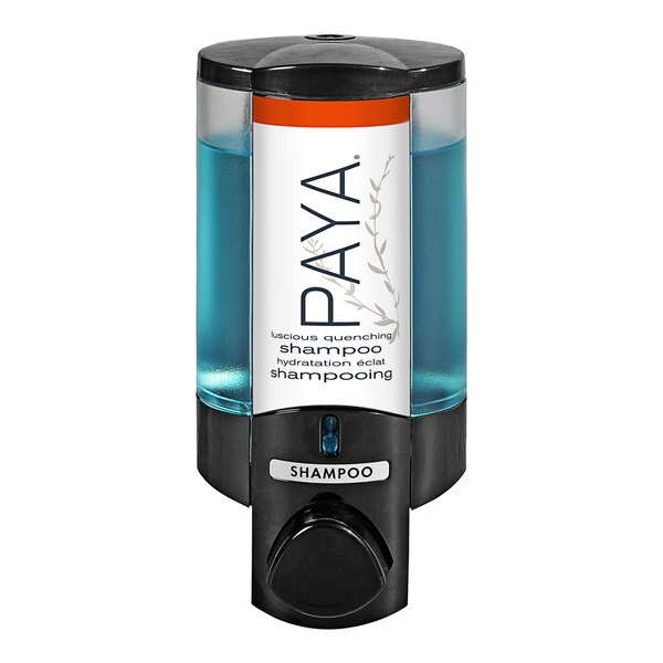 A black wall-mounted soap dispenser with a translucent bottle and a black and white Paya label with blue text.