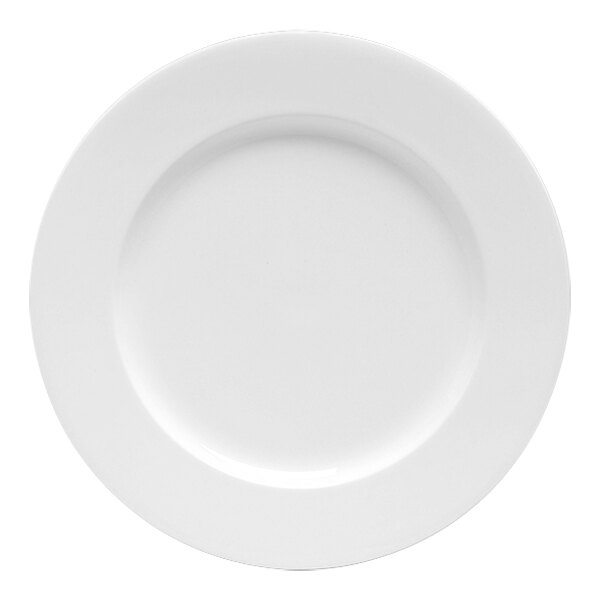 A white plate with a round edge and a white rim.