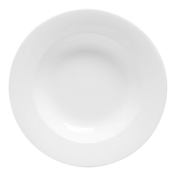 A white bowl with a circular center on a white background.
