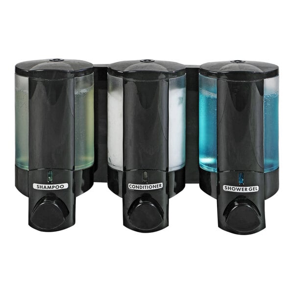 A group of black Dispenser Amenities Aviva soap dispensers with clear bottles.