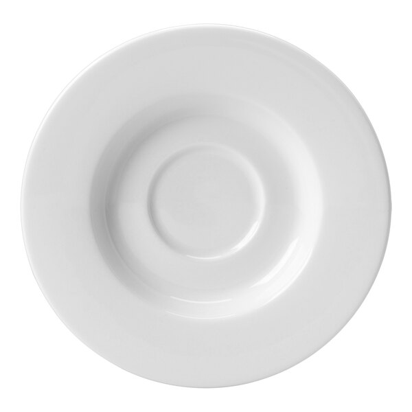 A close-up of a Steelite Monaco Vogue white saucer with a circle in the middle.