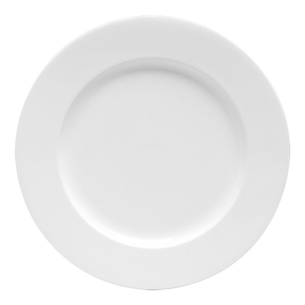 A white plate with a round edge and a white border.
