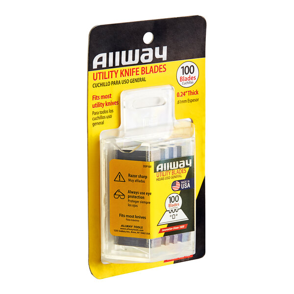 A package of Allway Tools utility knife blades with a yellow label.