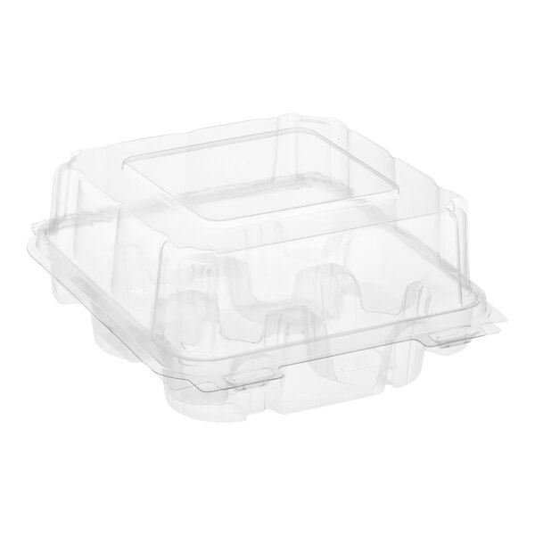 A clear Good Natured cupcake container with four compartments and a clear lid.