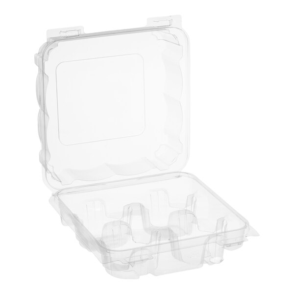 A clear Good Natured cupcake and muffin container with four compartments and a clear lid.