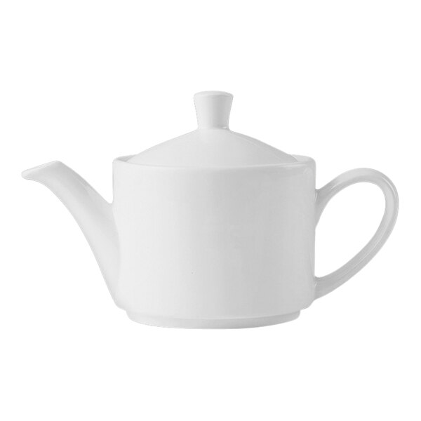 A close-up of a Steelite Distinction Monaco white teapot with a lid.