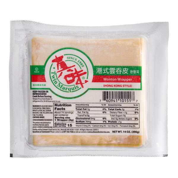 A package of Twin Marquis Hong Kong-Style Wonton Wrappers with Chinese writing on the label.