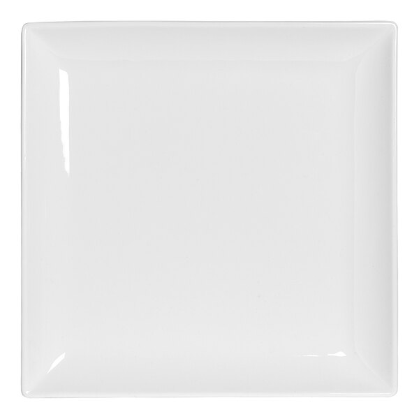 A white square plate with a white rim.