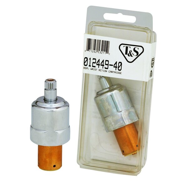 A close-up of a T&S Metering Cartridge with orange and yellow plastic valves.