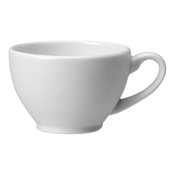 A Steelite Distinction Monaco white fine cup with a handle.