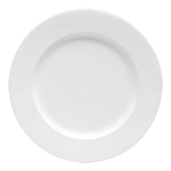 A white Folio Stratford porcelain plate with a flat rim
