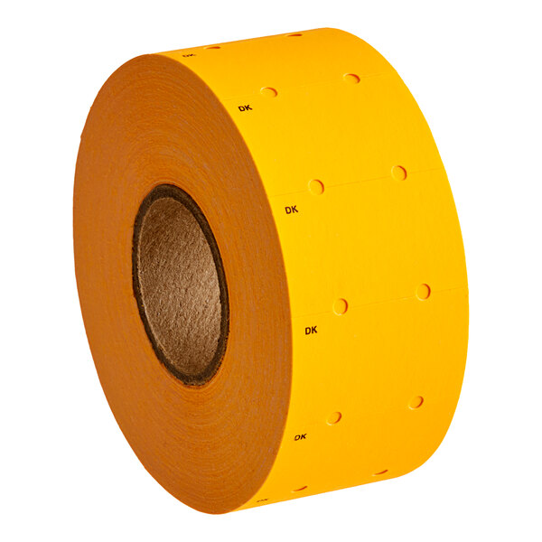 A roll of fluorescent orange DayMark date coder labels with a white background.