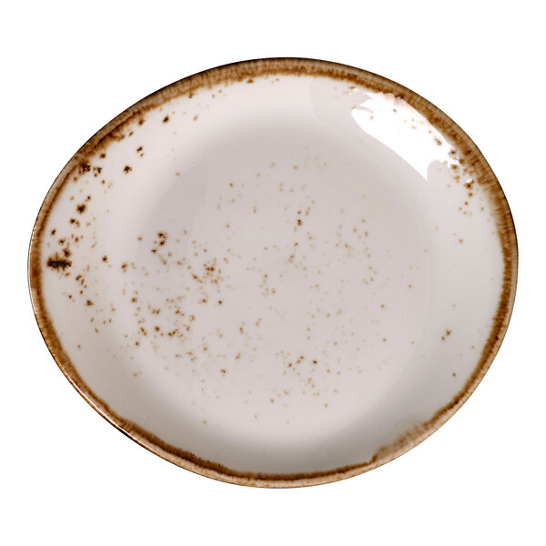 A close up of a Steelite Performance Craft white plate with brown specks on it.