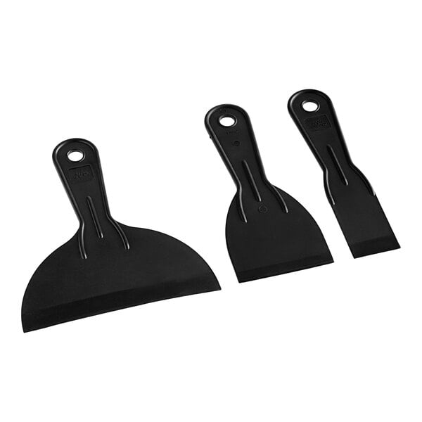 A group of black plastic Allway Tools putty knives with handles.