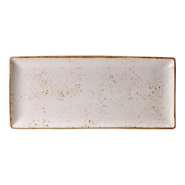 A close-up of a Steelite Performance Craft white rectangular tray with brown speckled edges.