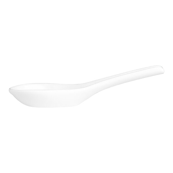 A close-up of a white Folio Parliament Chinese spoon with a long handle.