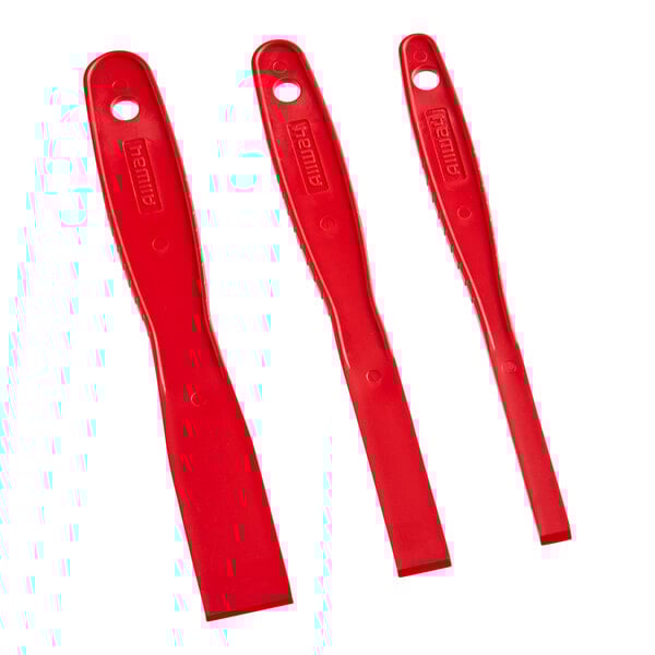 A 3-piece set of red plastic Allway Tools putty knives with handles.