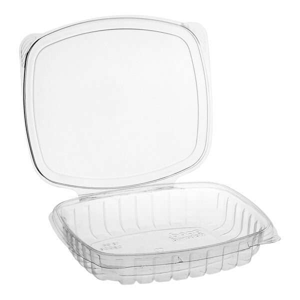 A clear square Good Natured PLA clamshell container with a clear lid.