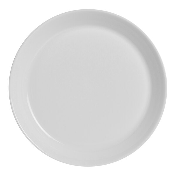 A white Folio Stratford porcelain plate with a plain edge.