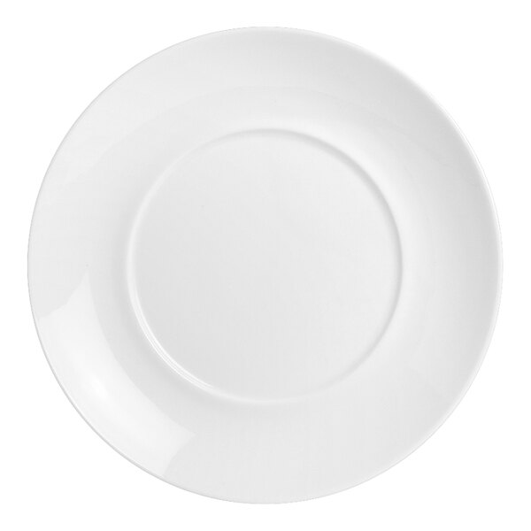 A white saucer with a round edge.