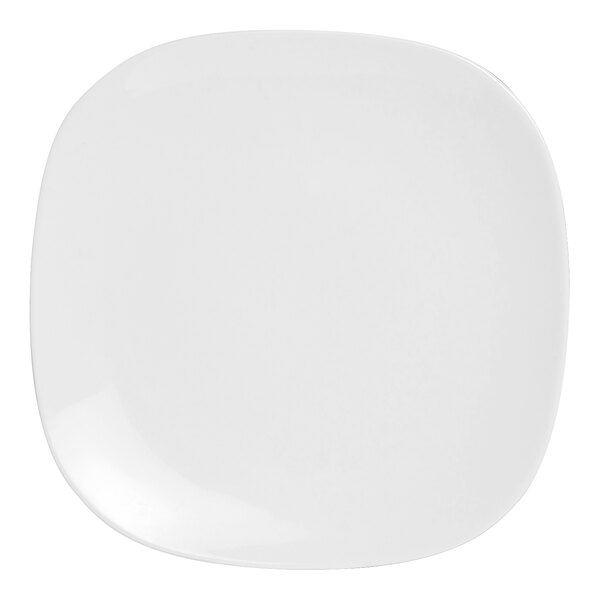 A white square porcelain plate with rounded edges and a white border.