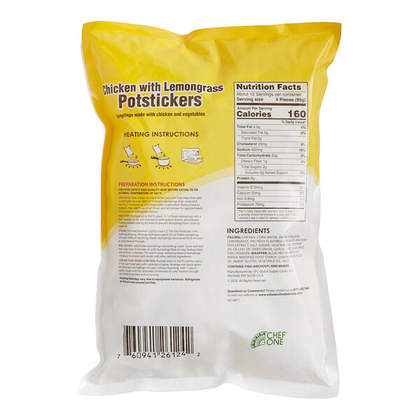 A white bag of Chef One Chicken Lemongrass Potstickers.