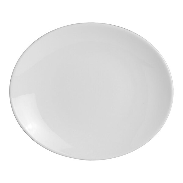 A white oval porcelain plate with a small rim.