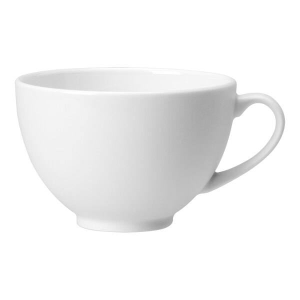 A Steelite Distinction Monaco white coffee cup with a handle.