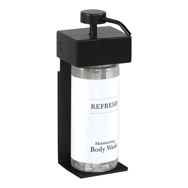 A white Dispenser Amenities wall mounted shower dispenser with black accents and an oval bottle.