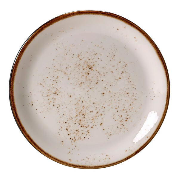 A Steelite Performance Craft white coupe plate with brown specks on it.