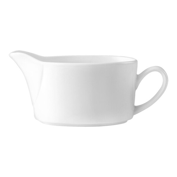 A Steelite white gravy boat with a handle.