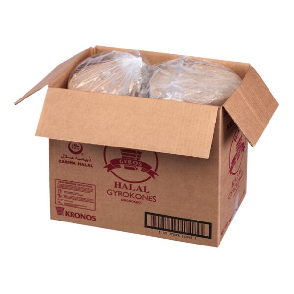 A white cardboard box with two plastic bags of Kronos Foods Halal Beef and Lamb Medium Gyros inside.
