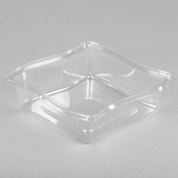 A clear plastic container with a square top and a curved edge.
