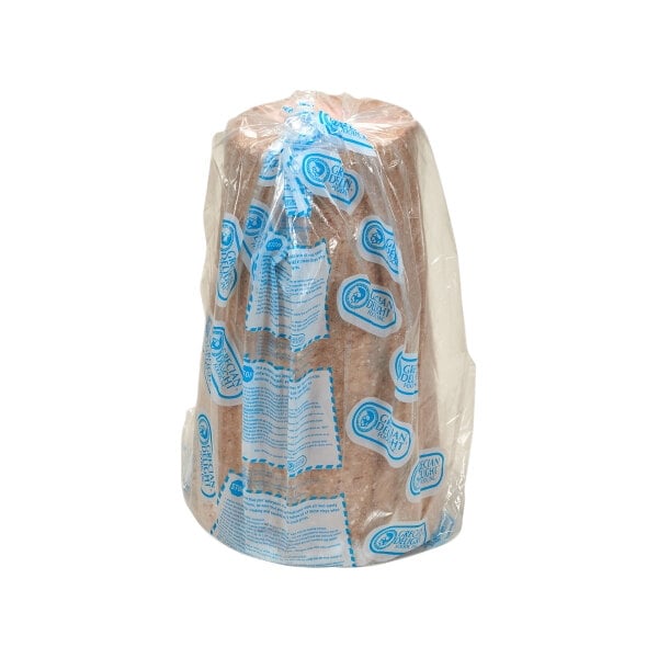 A plastic bag with blue and white stickers containing a Grecian Delight Athenian Beef and Lamb Large Gyros Cone.