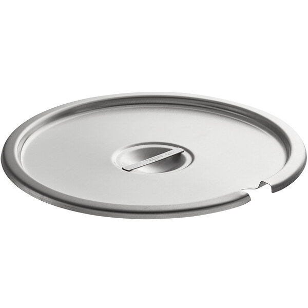 A silver stainless steel slotted cover with a hole in it.