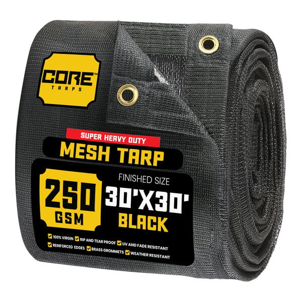 A roll of black Core heavy-duty mesh tarp with reinforced edges and a white label with black text.