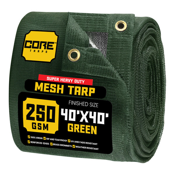 A roll of green Core heavy-duty mesh tarp with reinforced edges.