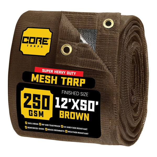 A roll of brown Corex mesh tarp with reinforced edges.