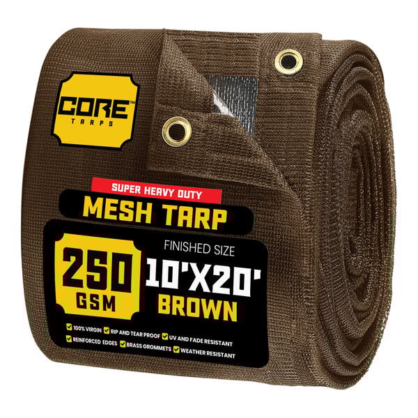 A brown Core Polyethylene mesh tarp with reinforced edges.