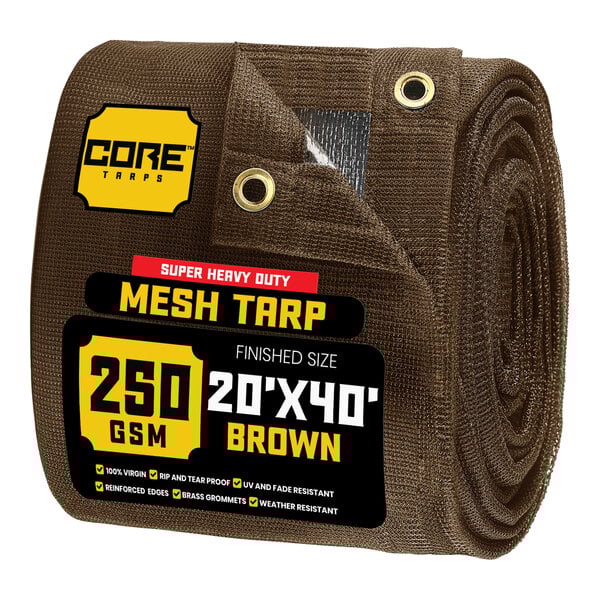 A roll of brown Core Tarps mesh tarp.