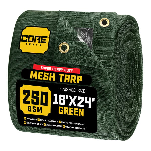 A roll of green Core polyethylene mesh tarp with reinforced edges.