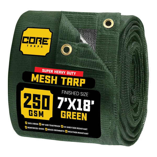 A roll of green Core mesh tarp with reinforced edges.