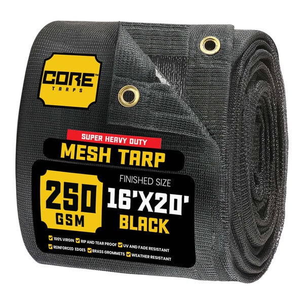 A roll of black Core mesh tarp with reinforced edges.
