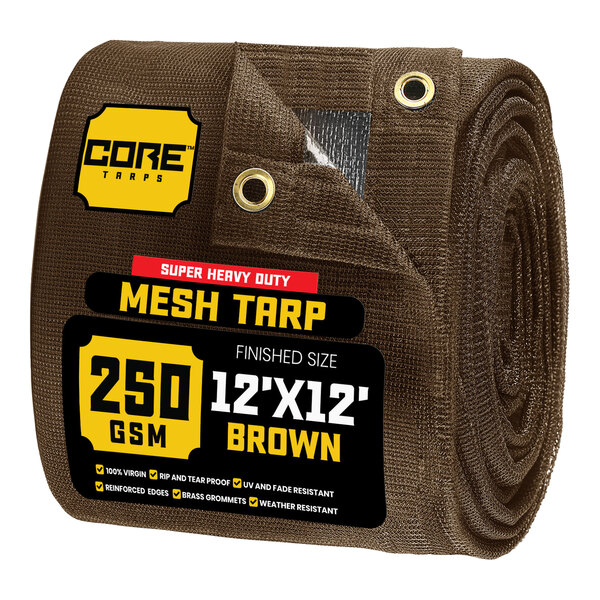 A roll of brown Core mesh tarp with reinforced edges.