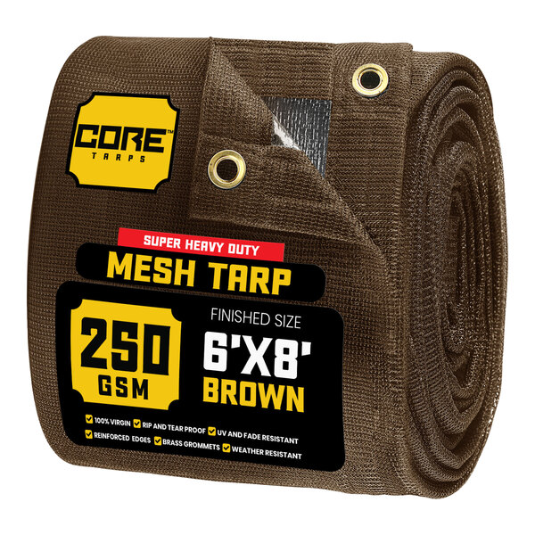 A roll of brown Core heavy-duty weatherproof mesh tarp with a label.