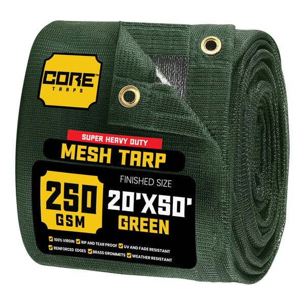 A roll of green Core heavy-duty weatherproof mesh tarp.