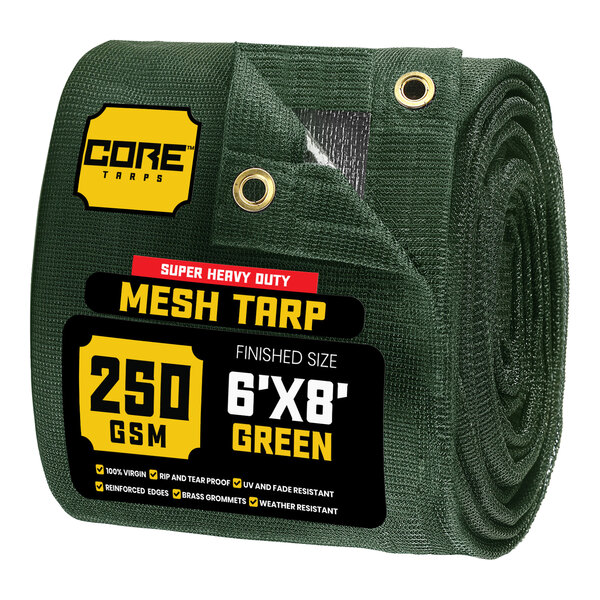 A roll of green Core Mesh Tarp with reinforced edges.