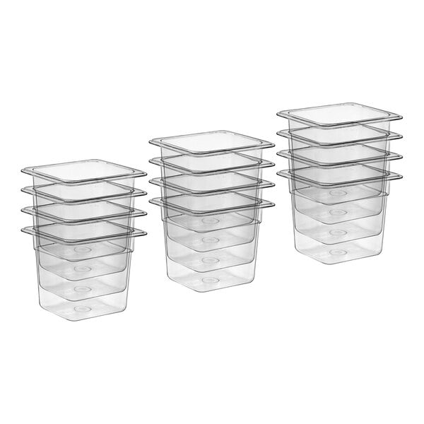 A set of three clear Choice polycarbonate food pans with lids.