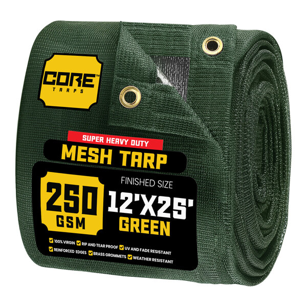 A roll of green Core Polyethylene Mesh Tarp with reinforced edges.